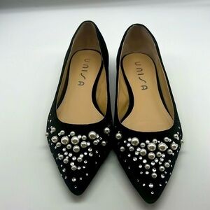 Unisa - Black Velvet White Pearl Details Pointed Toe Slip On Flats Size 8.5